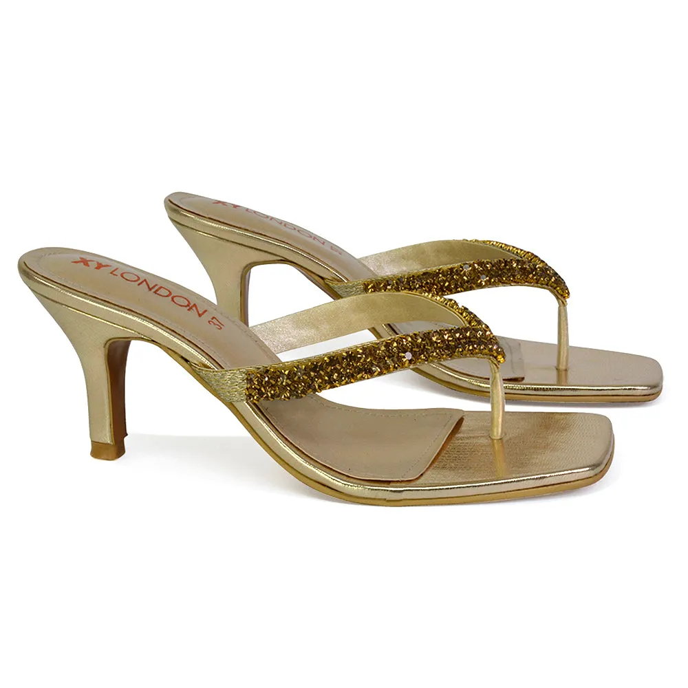 Lynn Square Toe Post Embellished Diamante Strappy Kitten Heel Mule Sandals in Gold