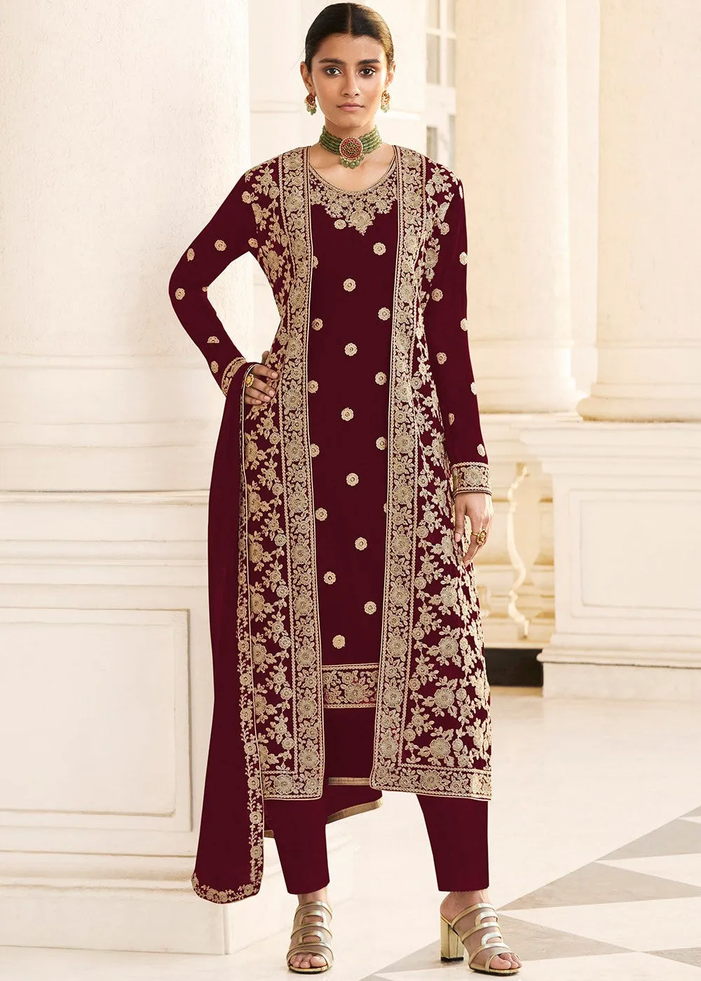 Maroon Designer Georgette Embroidered Jacket Style Suit