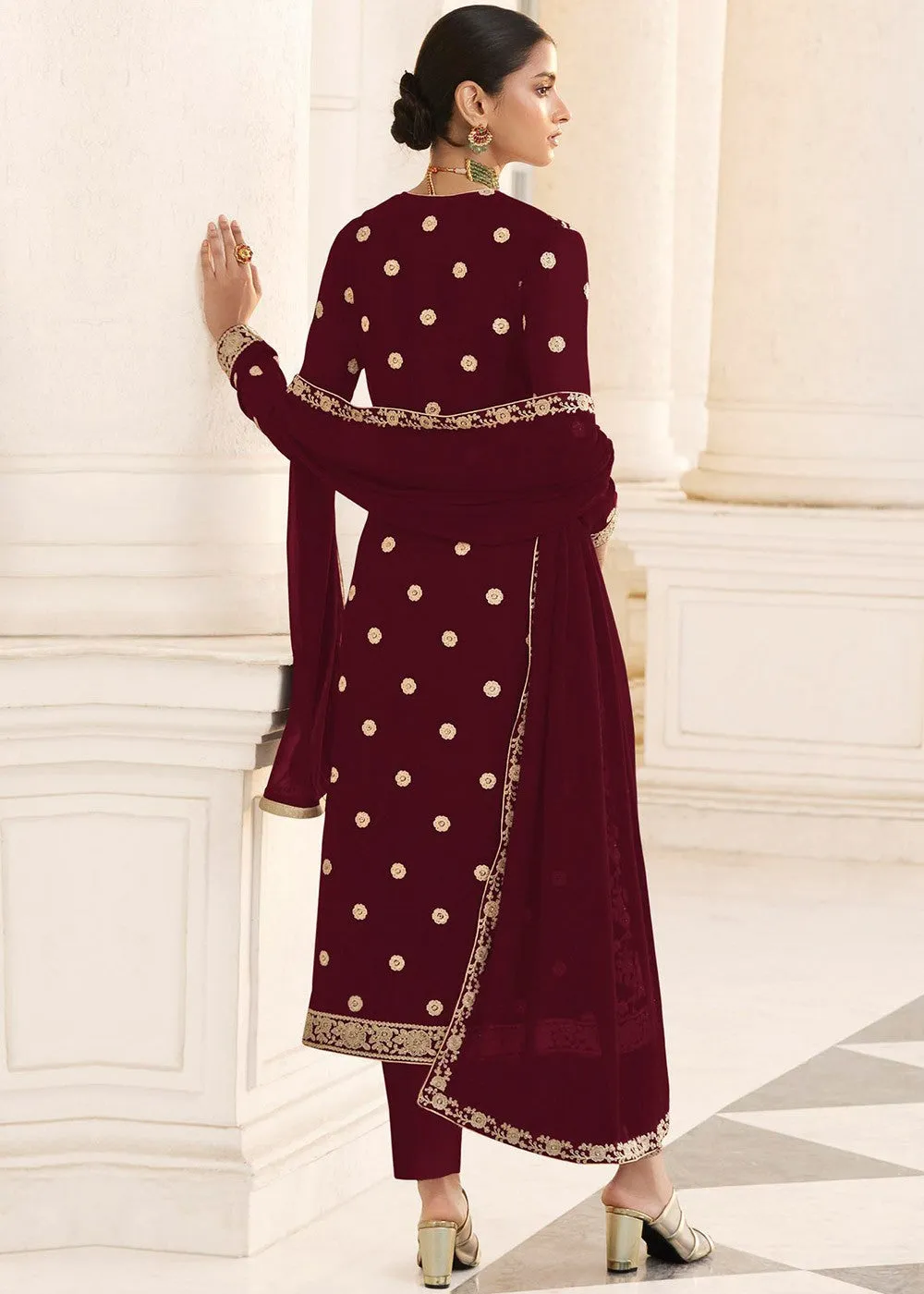 Maroon Designer Georgette Embroidered Jacket Style Suit