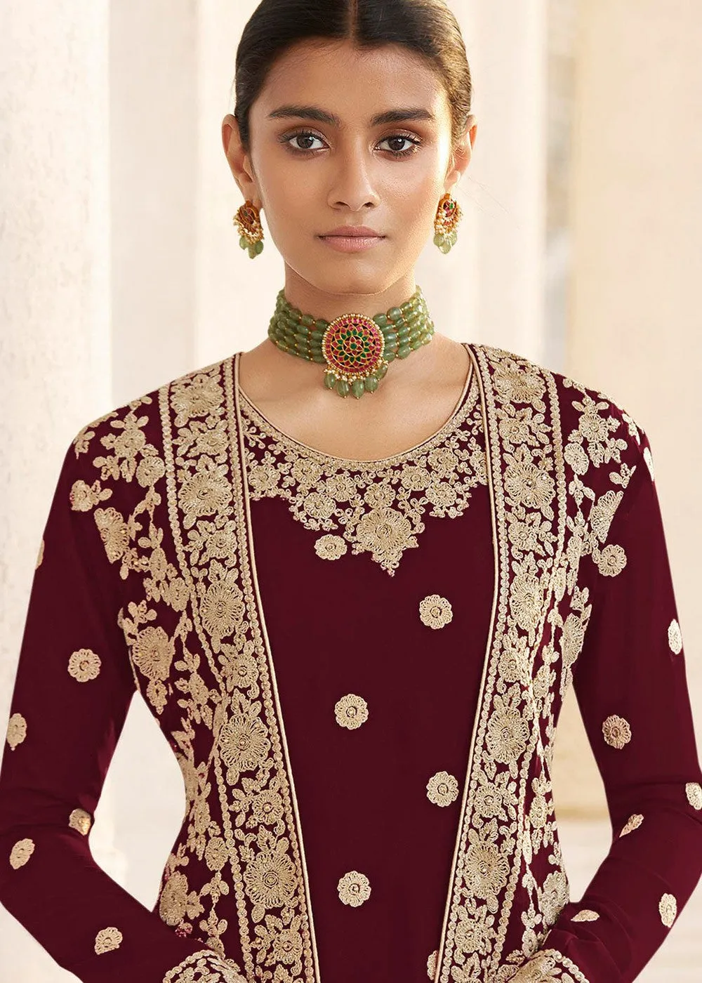 Maroon Designer Georgette Embroidered Jacket Style Suit