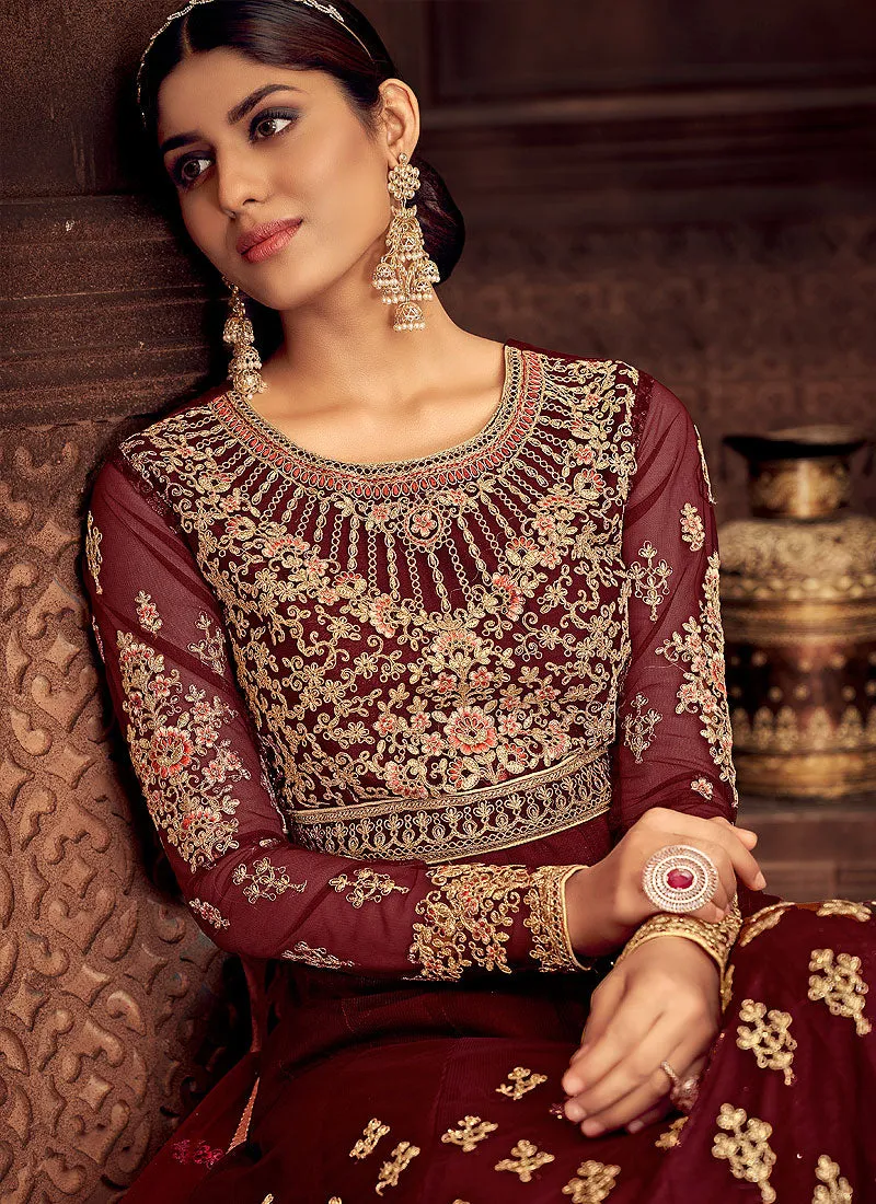 Maroon Zari Embroidered Wedding Anarkali Suit