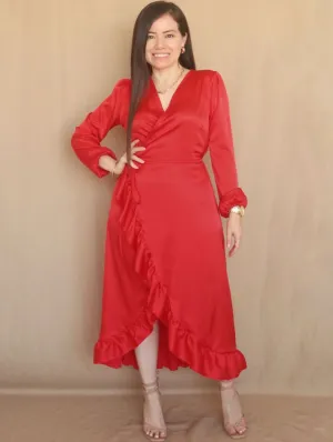 MAXIVESTIDO ENVOLVENTE CON VUELOS ROJO ENTERO