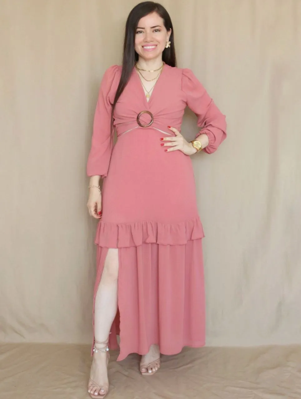 MAXIVESTIDO HEBILLA CON BOBO CENTRAL ROSA ENTERO