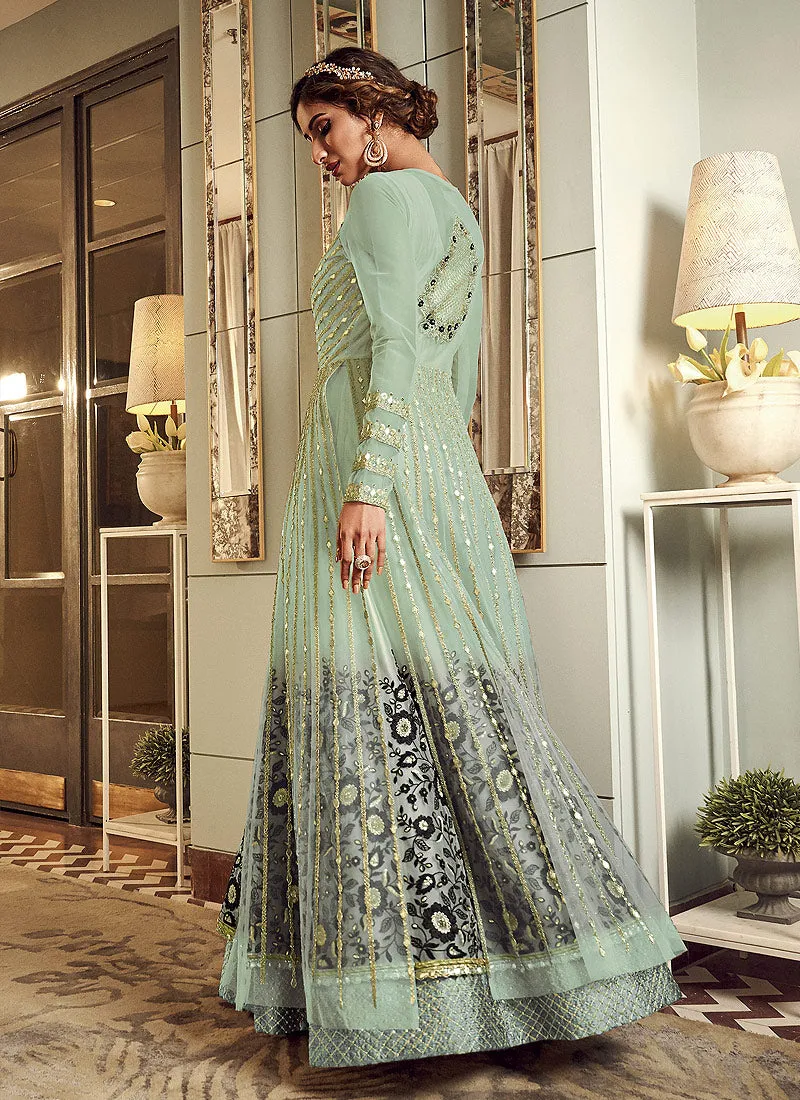 Mint Green And Gold Designer Embroidered Anarkali Gown