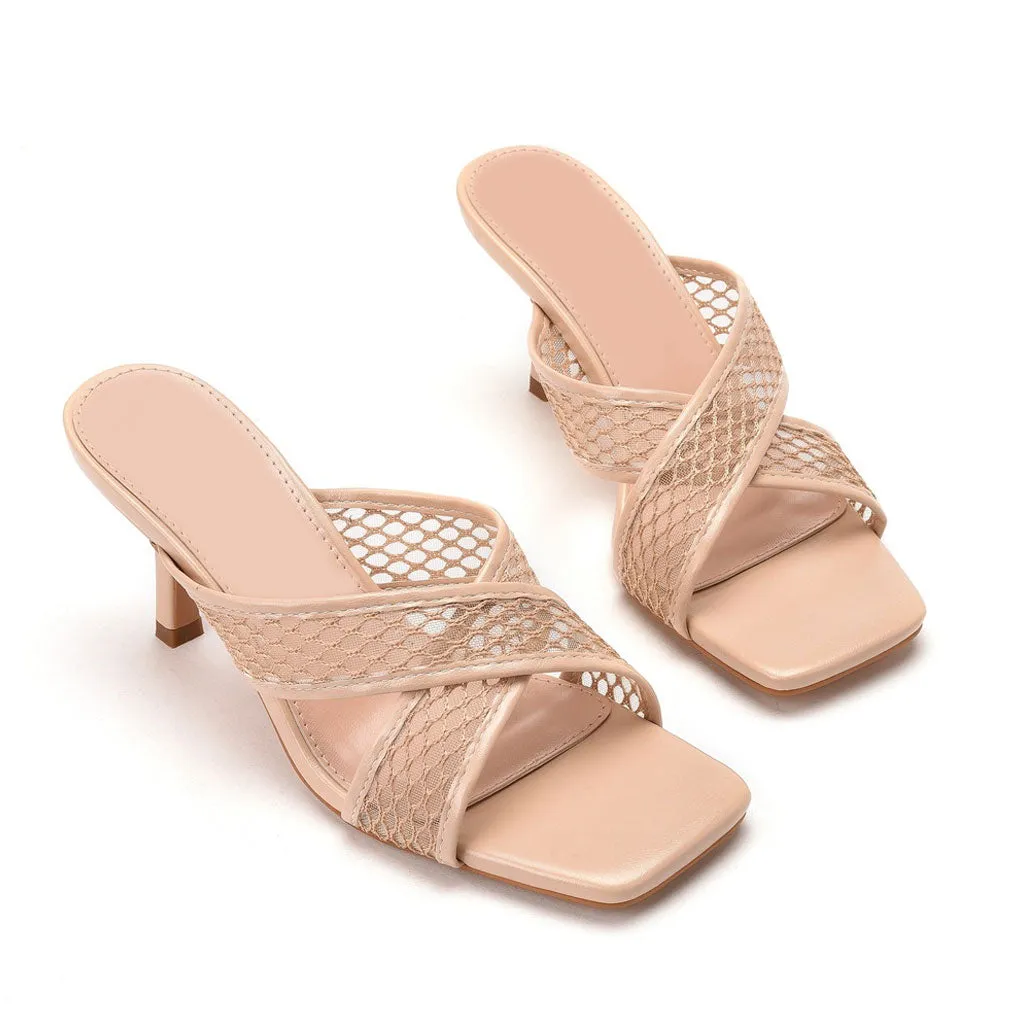 Modern Solid Crisscross Mesh Net Stiletto Mules - Apricot