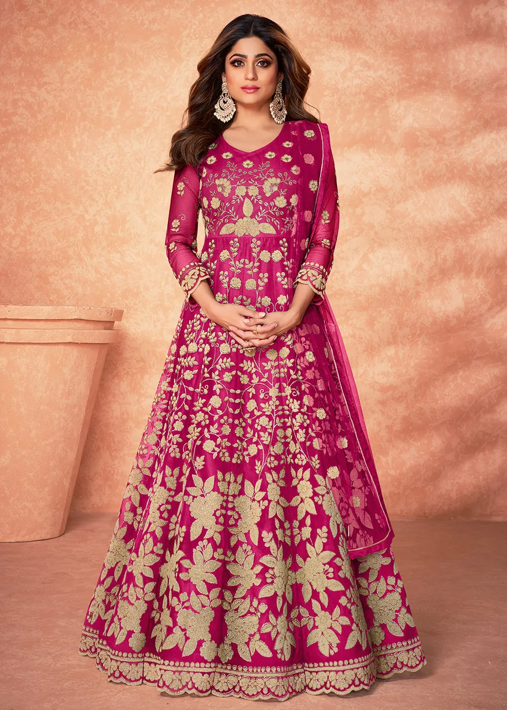 Net Shamita Shetty Hot Pink Beads Work Wedding Anarkali