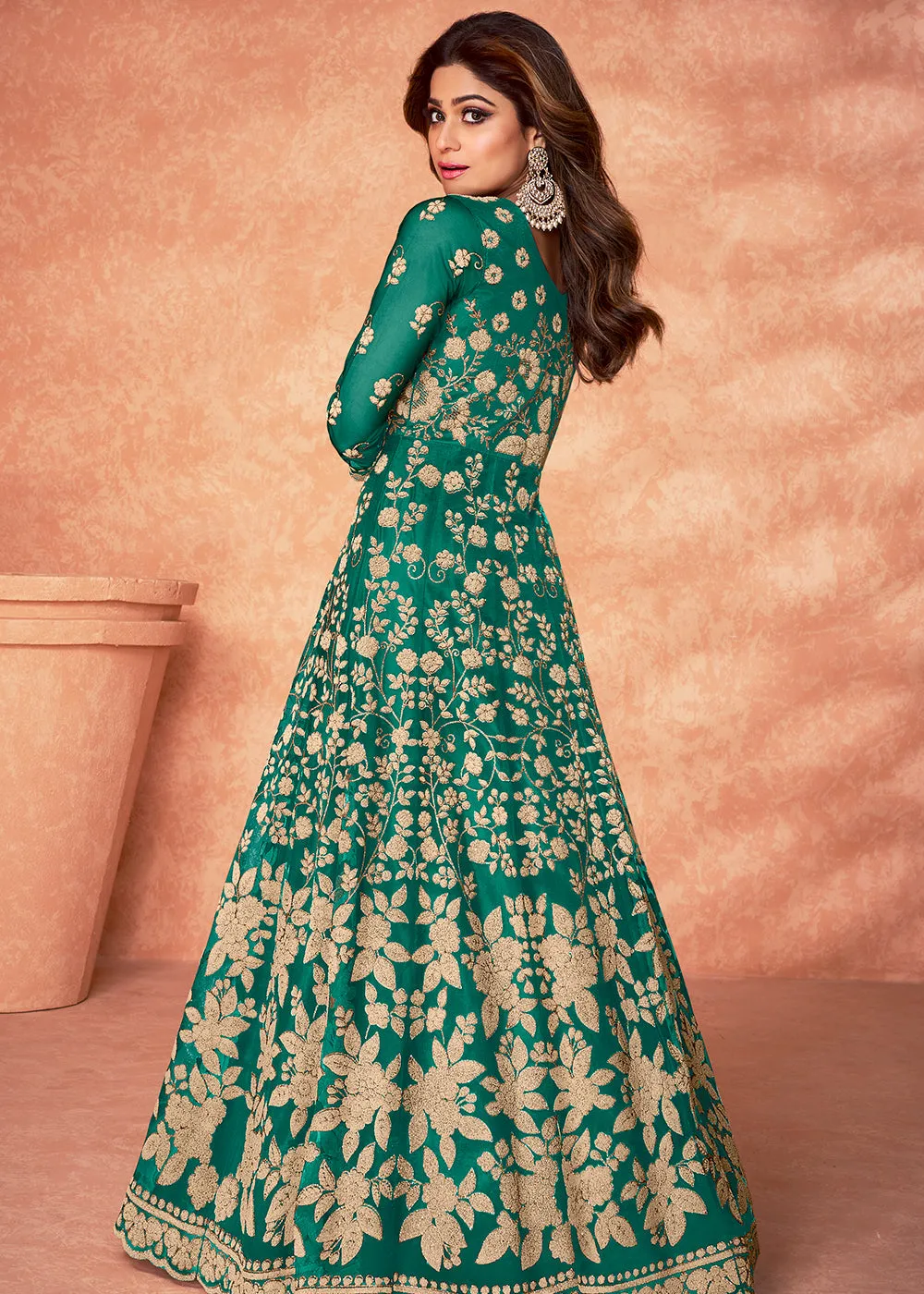 Net Shamita Shetty Teal Green Beads Work Wedding Anarkali