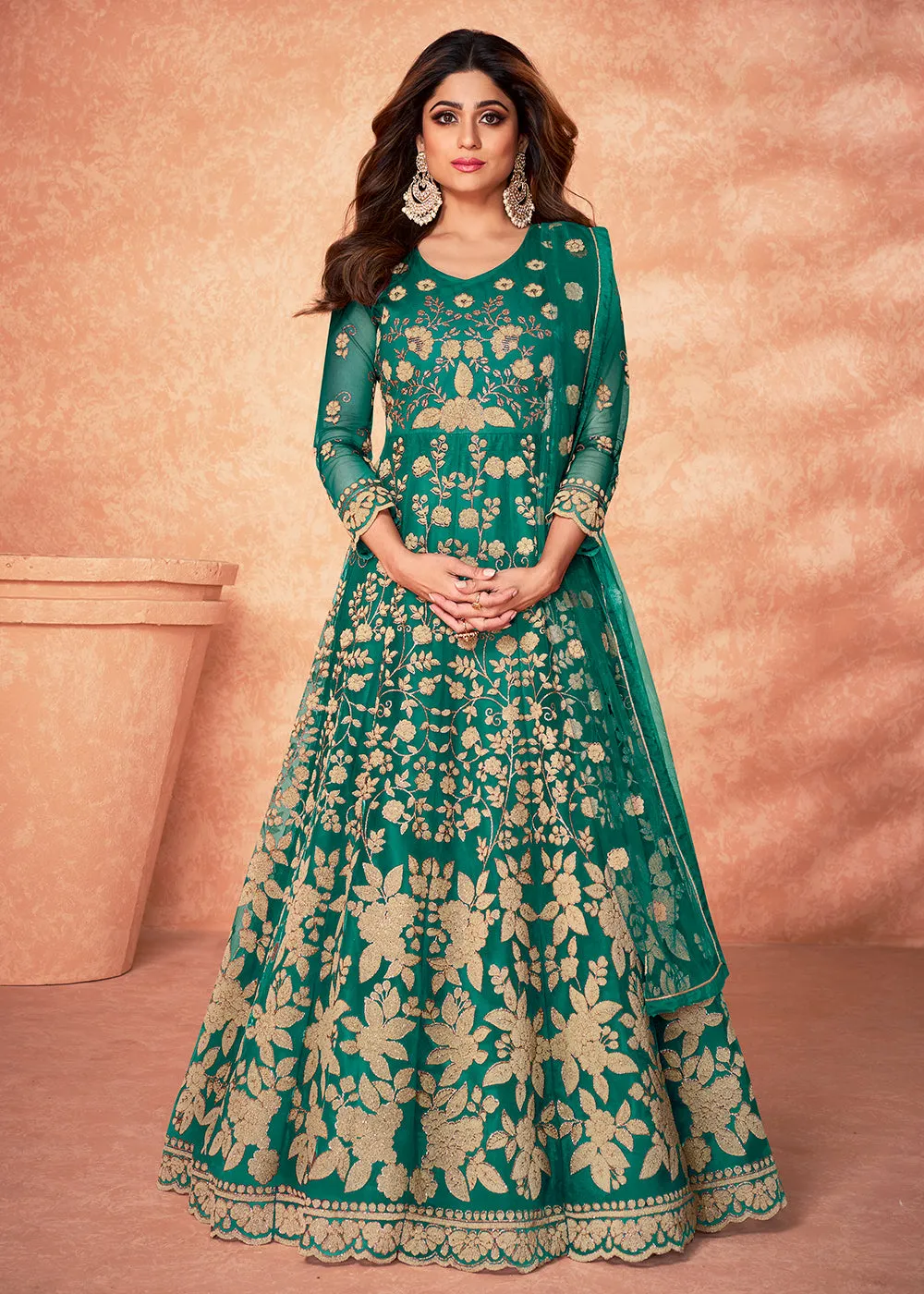 Net Shamita Shetty Teal Green Beads Work Wedding Anarkali