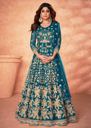 Net Shamita Shetty Turquoise Beads Work Wedding Anarkali