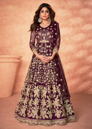 Net Shamita Shetty Wine Beads Work Wedding Anarkali