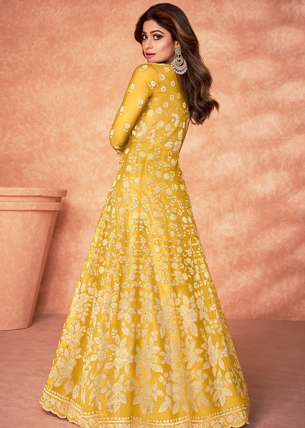 Net Shamita Shetty Yellow Beads Work Wedding Anarkali