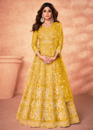 Net Shamita Shetty Yellow Beads Work Wedding Anarkali