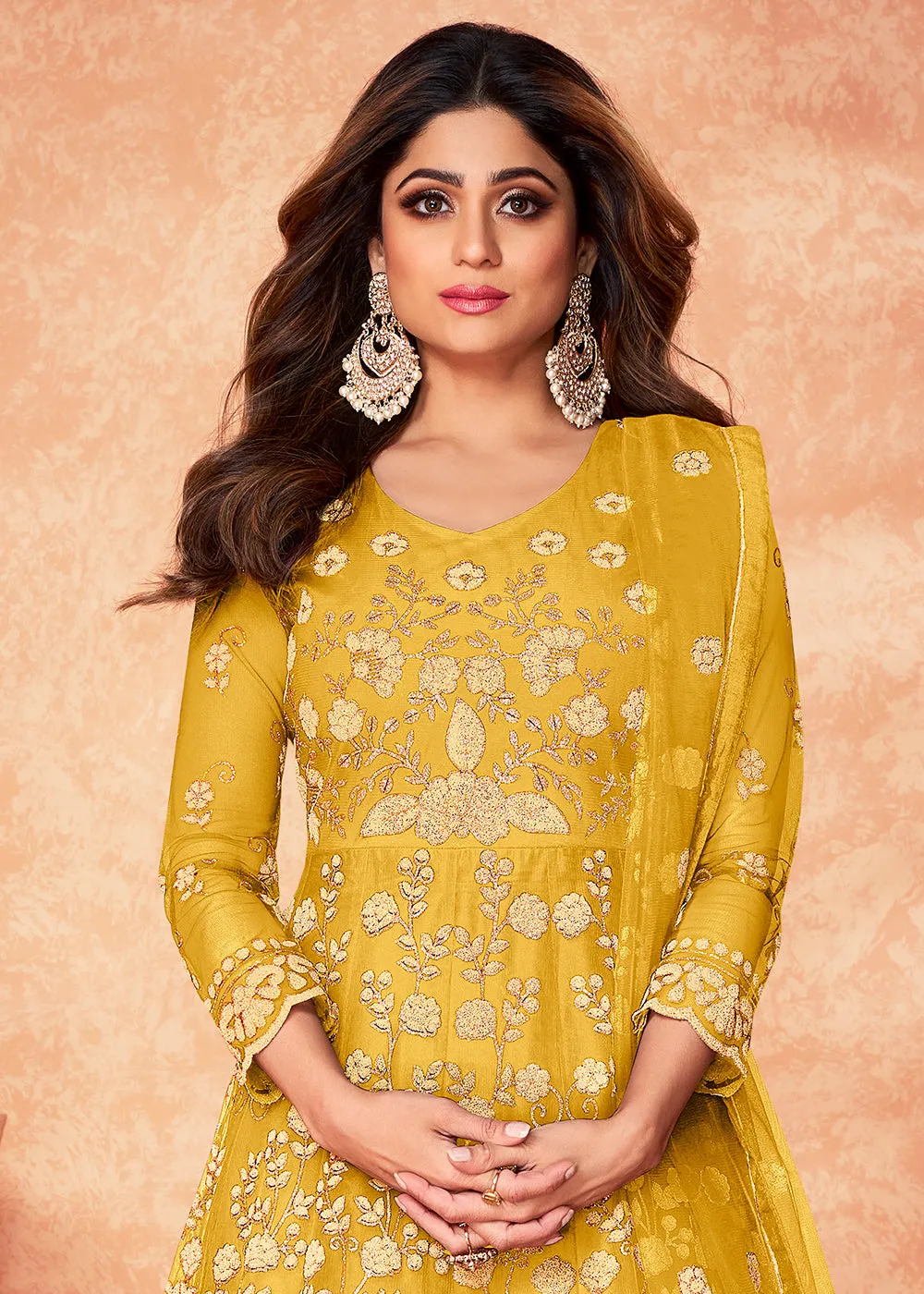 Net Shamita Shetty Yellow Beads Work Wedding Anarkali