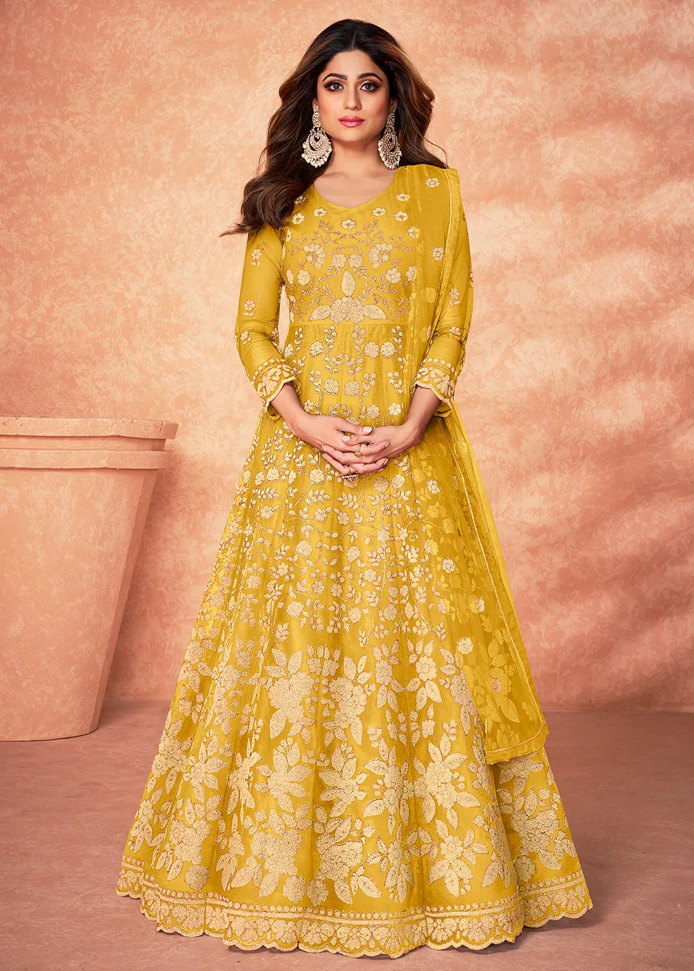 Net Shamita Shetty Yellow Beads Work Wedding Anarkali