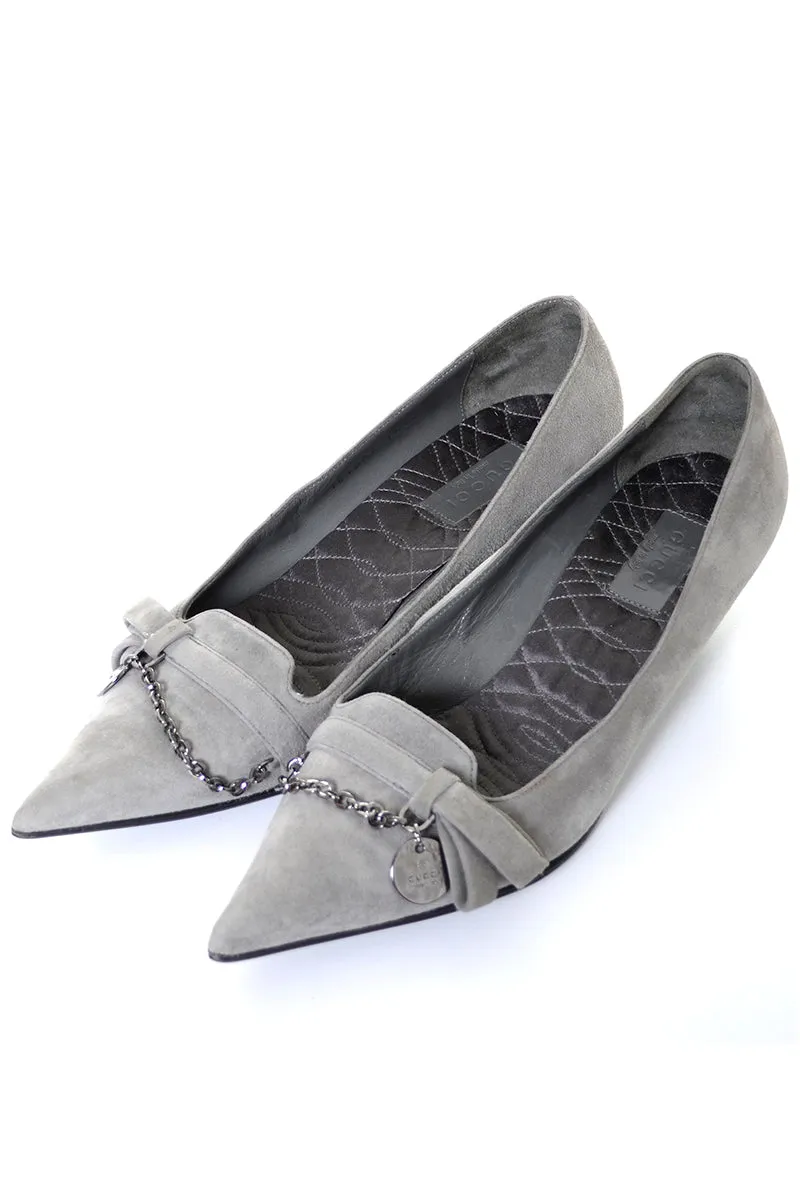 Never Worn Gucci Gray Suede Kitten Heel Shoes w/ Chain Medallion 7.5 B