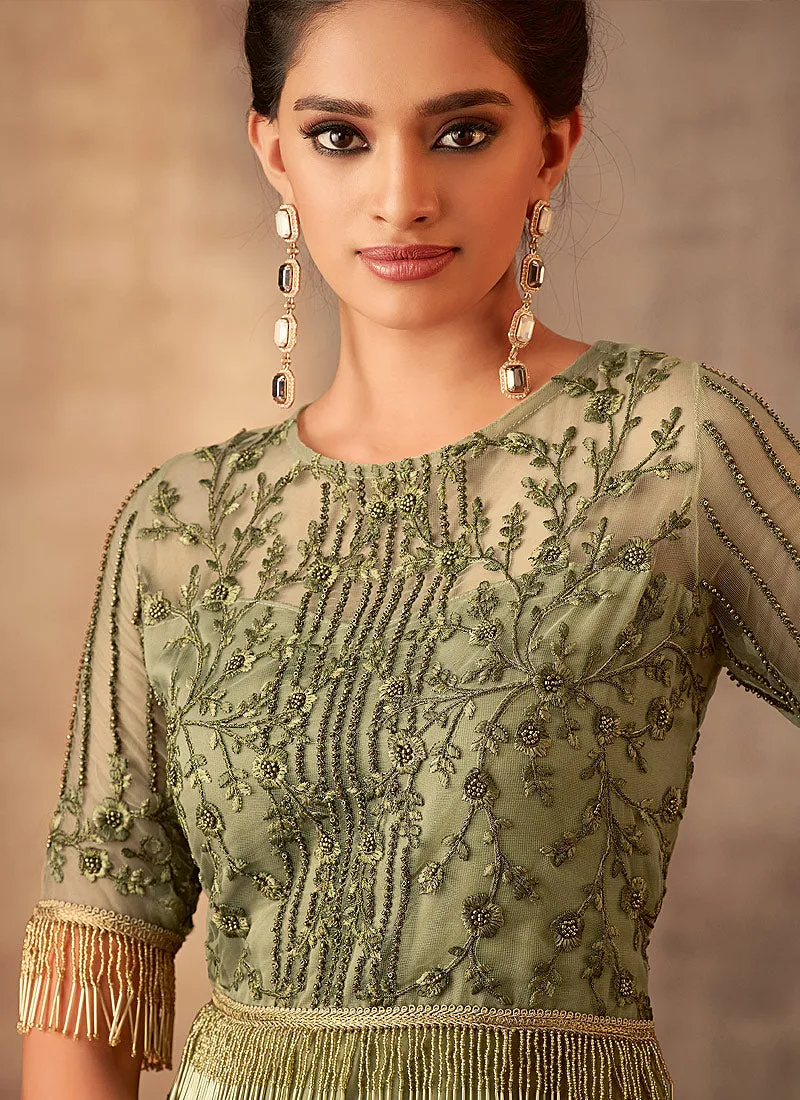 Olive Green Embroidered Party Wear Anarkali Gown