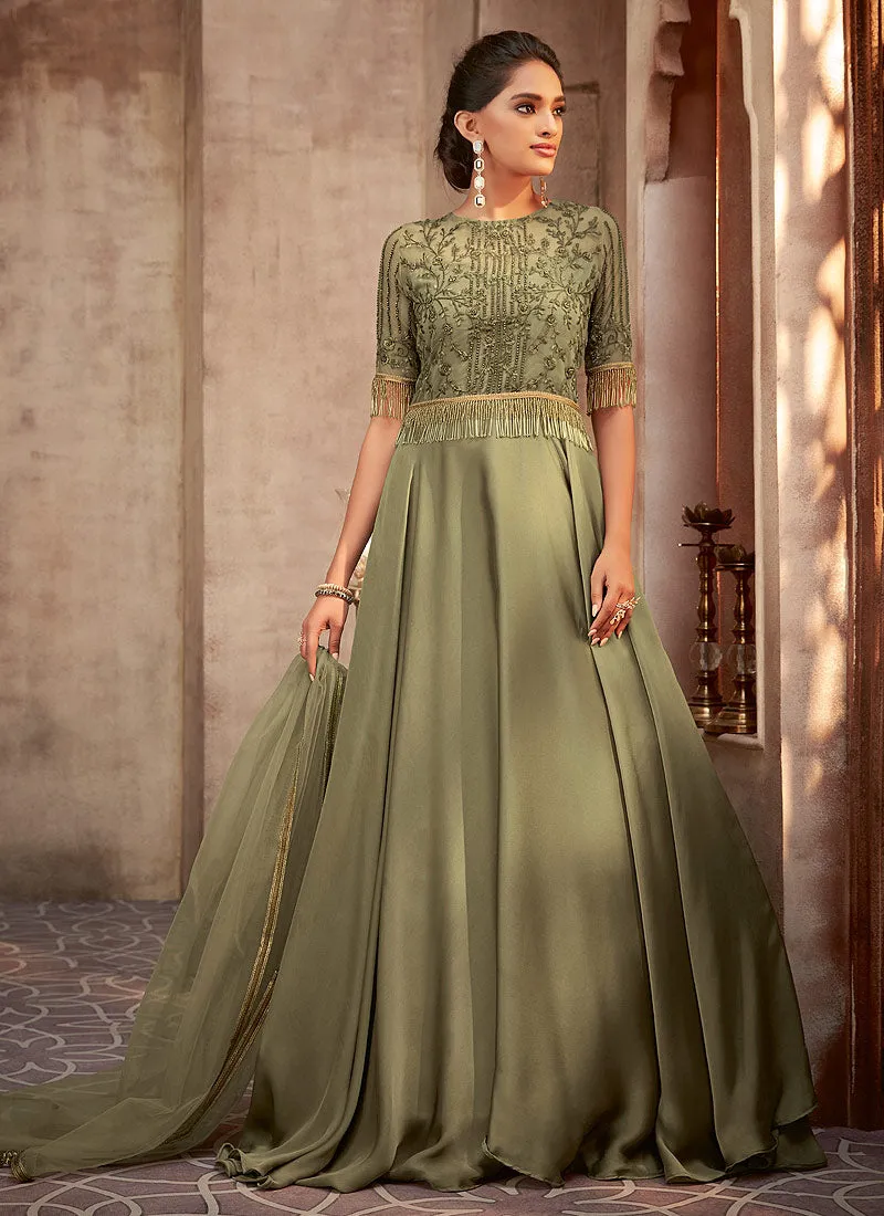 Olive Green Embroidered Party Wear Anarkali Gown