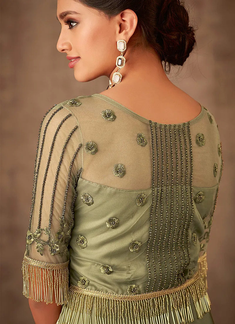 Olive Green Embroidered Party Wear Anarkali Gown