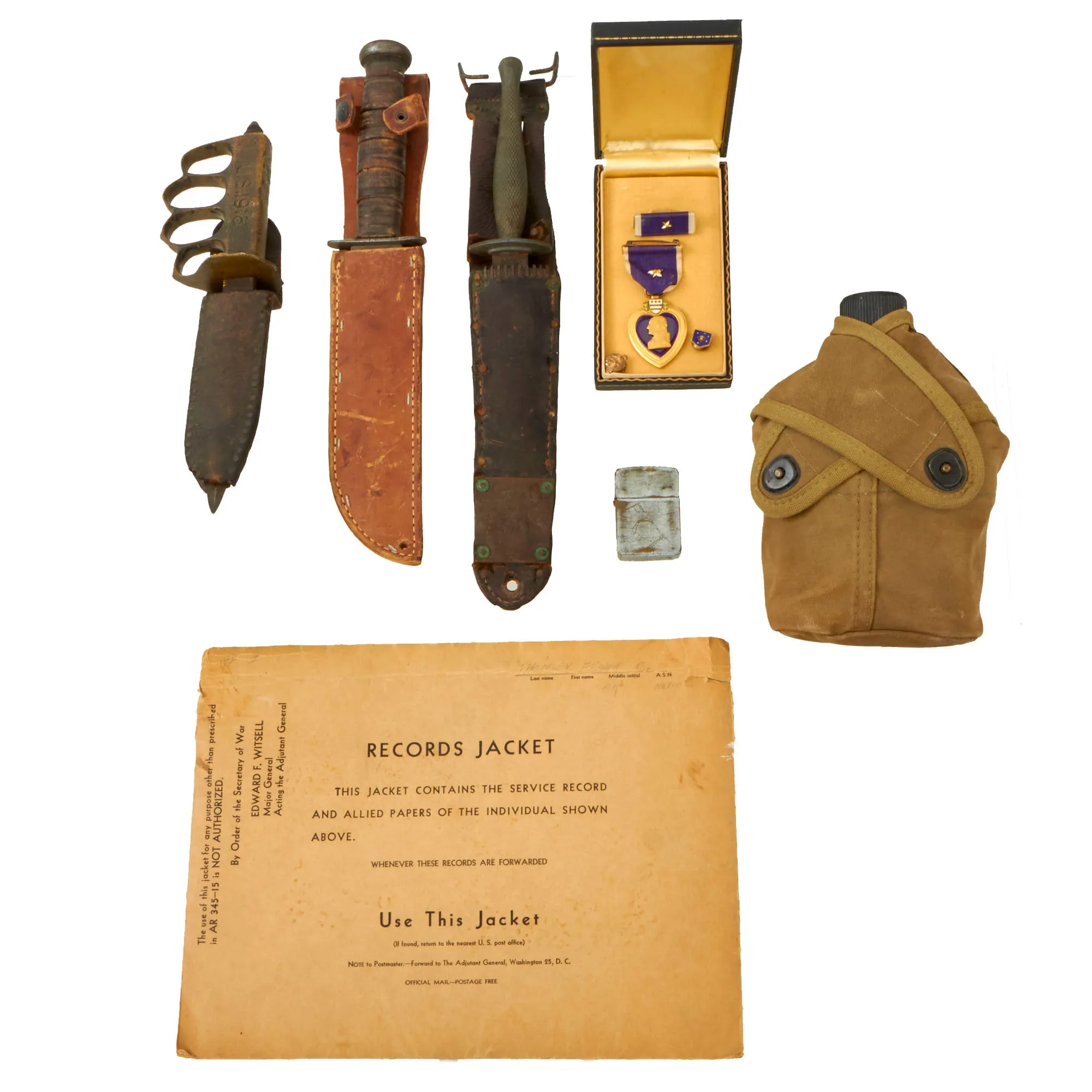 Original U.S. WWII Marine Raider Sergeant Frank Thomsen Battle of Okinawa Collection - Fighting Knives, Stiletto, Purple Heart, Honorable Discharge and More