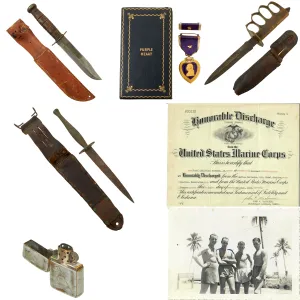 Original U.S. WWII Marine Raider Sergeant Frank Thomsen Battle of Okinawa Collection - Fighting Knives, Stiletto, Purple Heart, Honorable Discharge and More