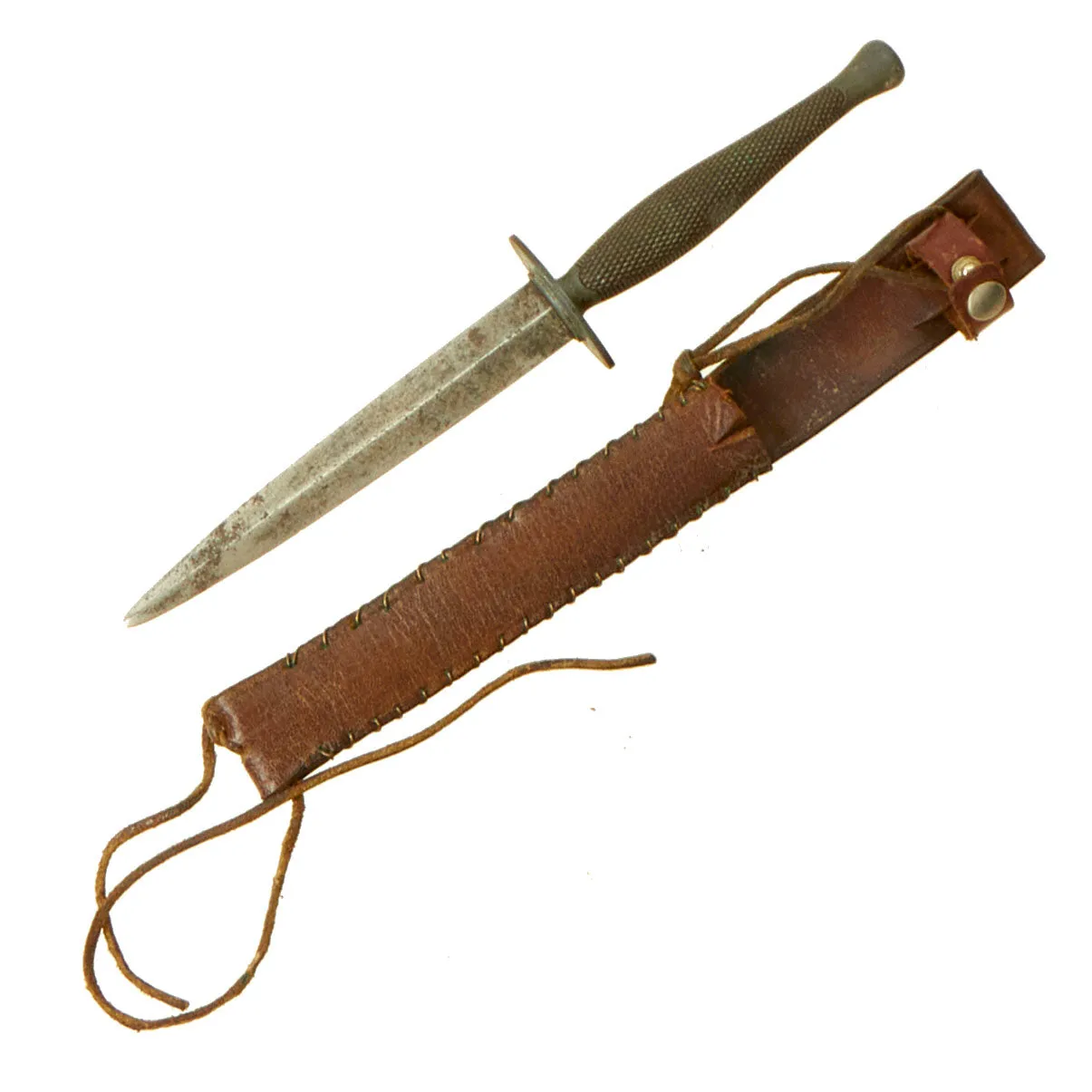 Original U.S. WWII USMC Marine Raider Stiletto Dagger by Camillus with Theater Made Replacement Leather Scabbard