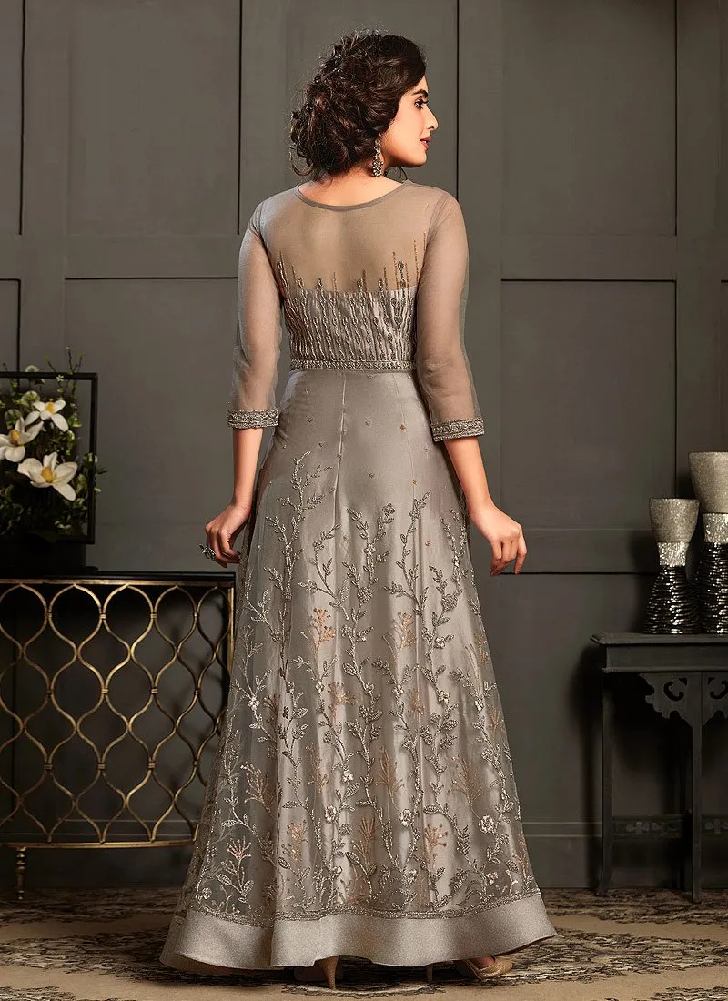 Pastel Grey Embroidered Net Designer Anarkali Gown