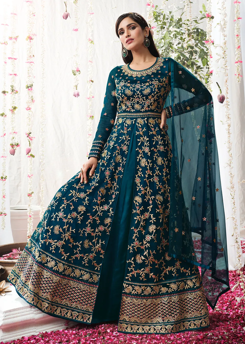 Peacock Blue Wedding Festive Floor Length Anarkali Suit