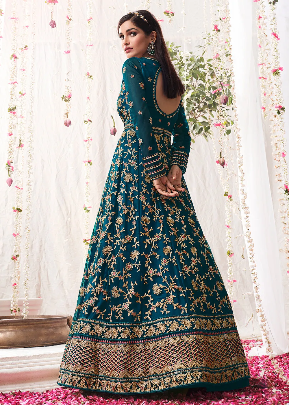 Peacock Blue Wedding Festive Floor Length Anarkali Suit