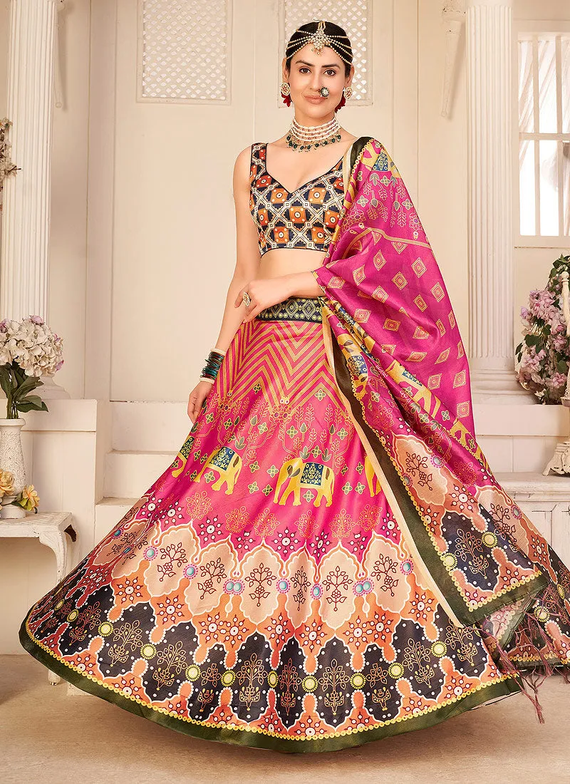 Pink Digital Printed Silk Lehenga Choli