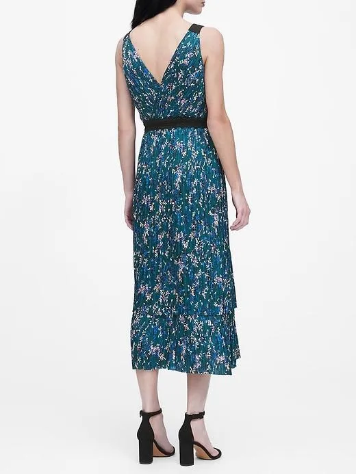 Pleated Tiered Midi Dress in Teal Green Floral