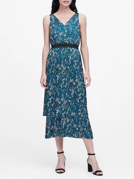 Pleated Tiered Midi Dress in Teal Green Floral