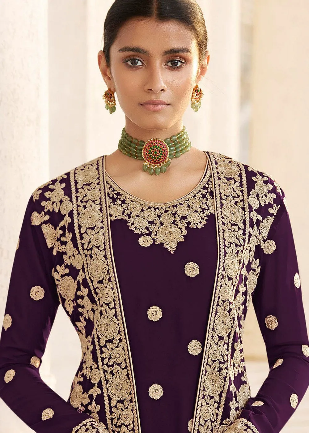 Purple Designer Georgette Embroidered Jacket Style Suit