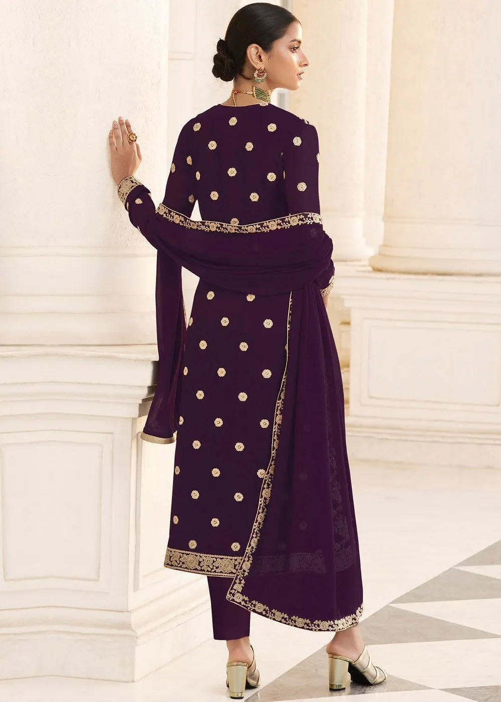 Purple Designer Georgette Embroidered Jacket Style Suit