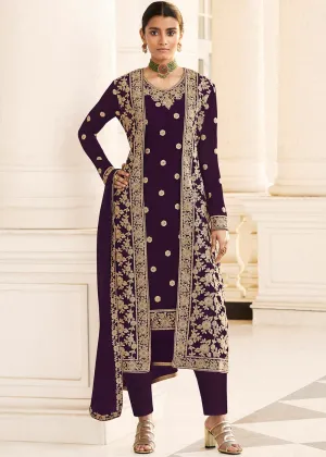 Purple Designer Georgette Embroidered Jacket Style Suit