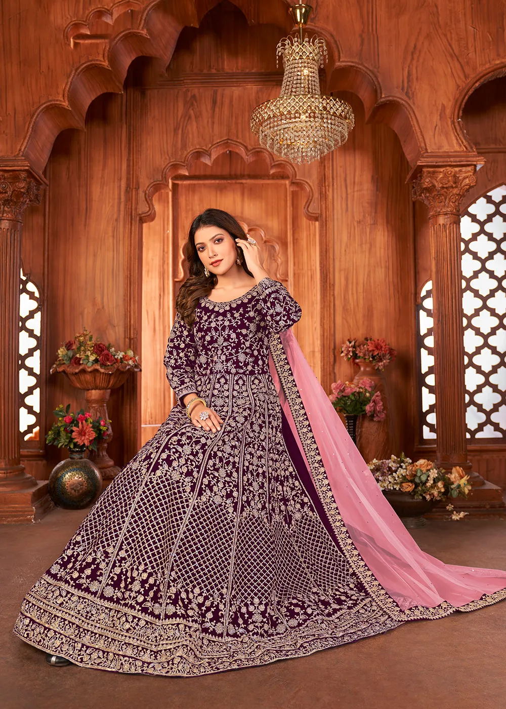 Radiant Purple Velvet Wedding Function Wear Anarkali Suit