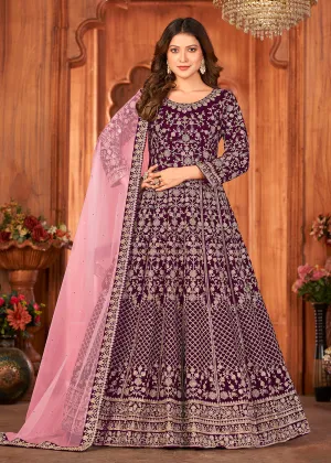 Radiant Purple Velvet Wedding Function Wear Anarkali Suit