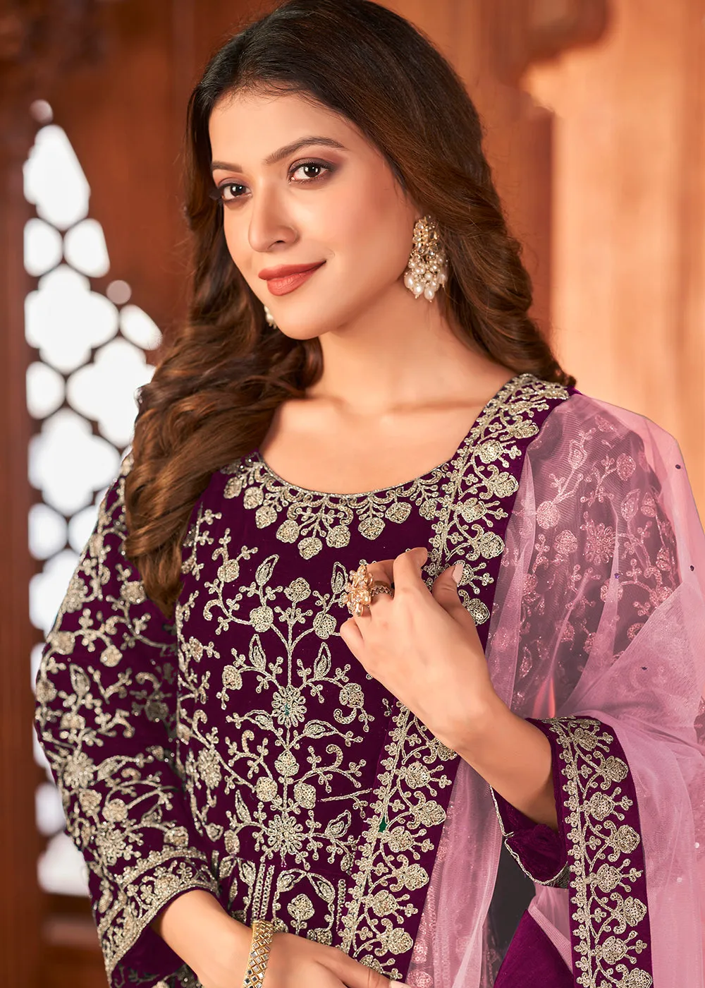 Radiant Purple Velvet Wedding Function Wear Anarkali Suit