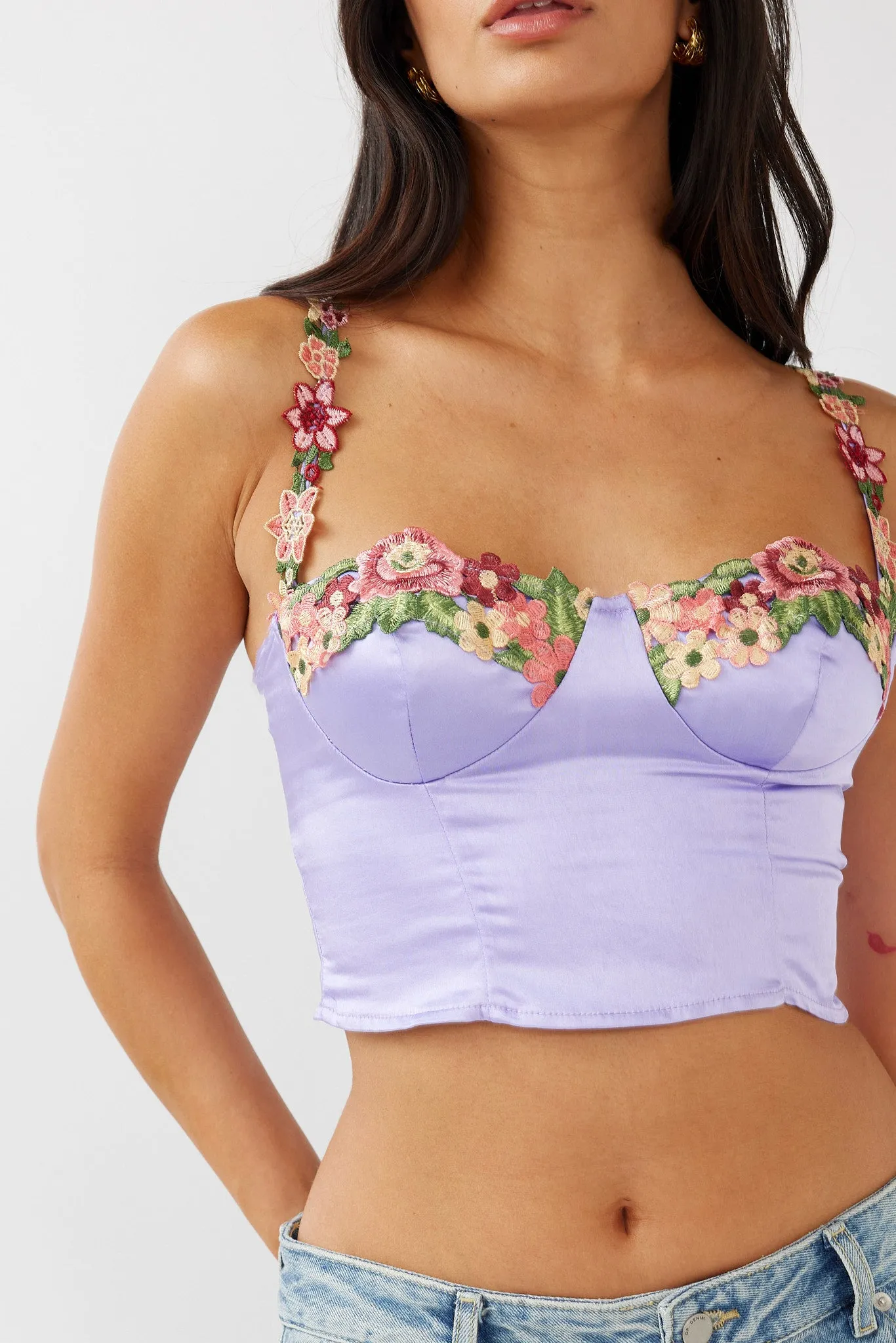 Rose Garden Floral Applique Crop Top Lilac