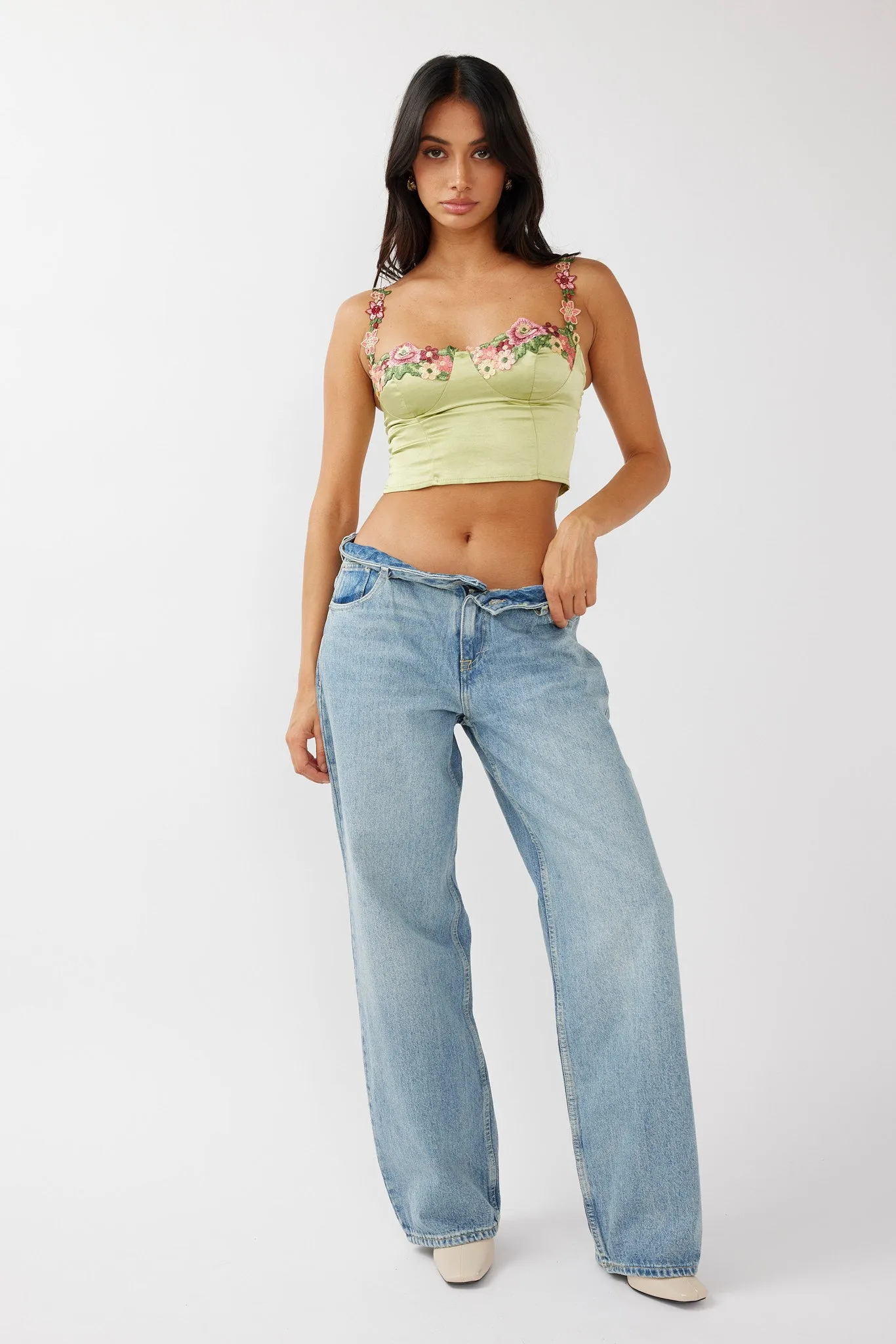 Rose Garden Floral Applique Crop Top Lime