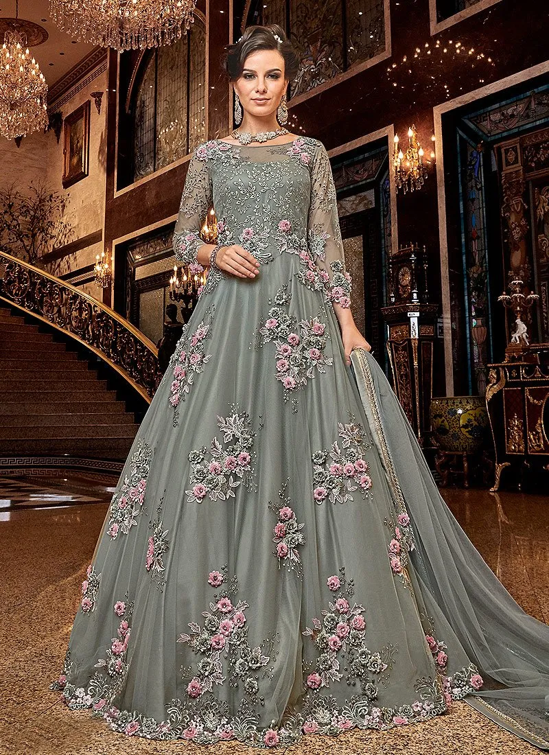 Sage Grey Floral Embroidered Designer Net Anarkali Suit