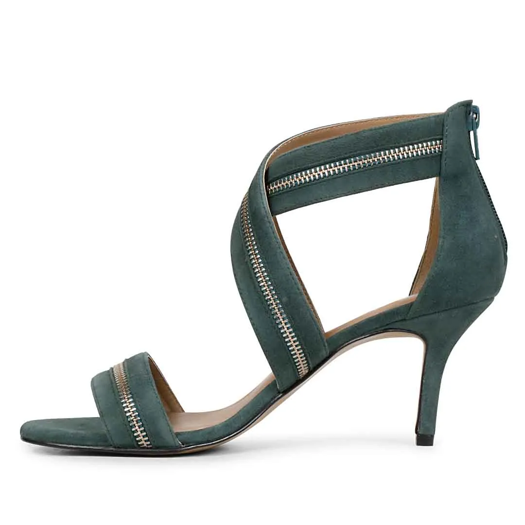 Saint Delilah Zip Decor Criss Cross Dark Teal Leather Stilettos