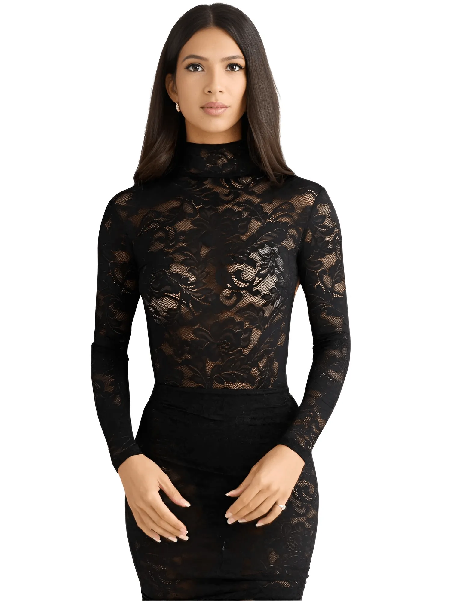 Sexy 2Pcs Lace Skirt Sets Women's Long Sleeve Turtleneck And Floral Maxi Skirt Matching Sets Club Party Split Sets