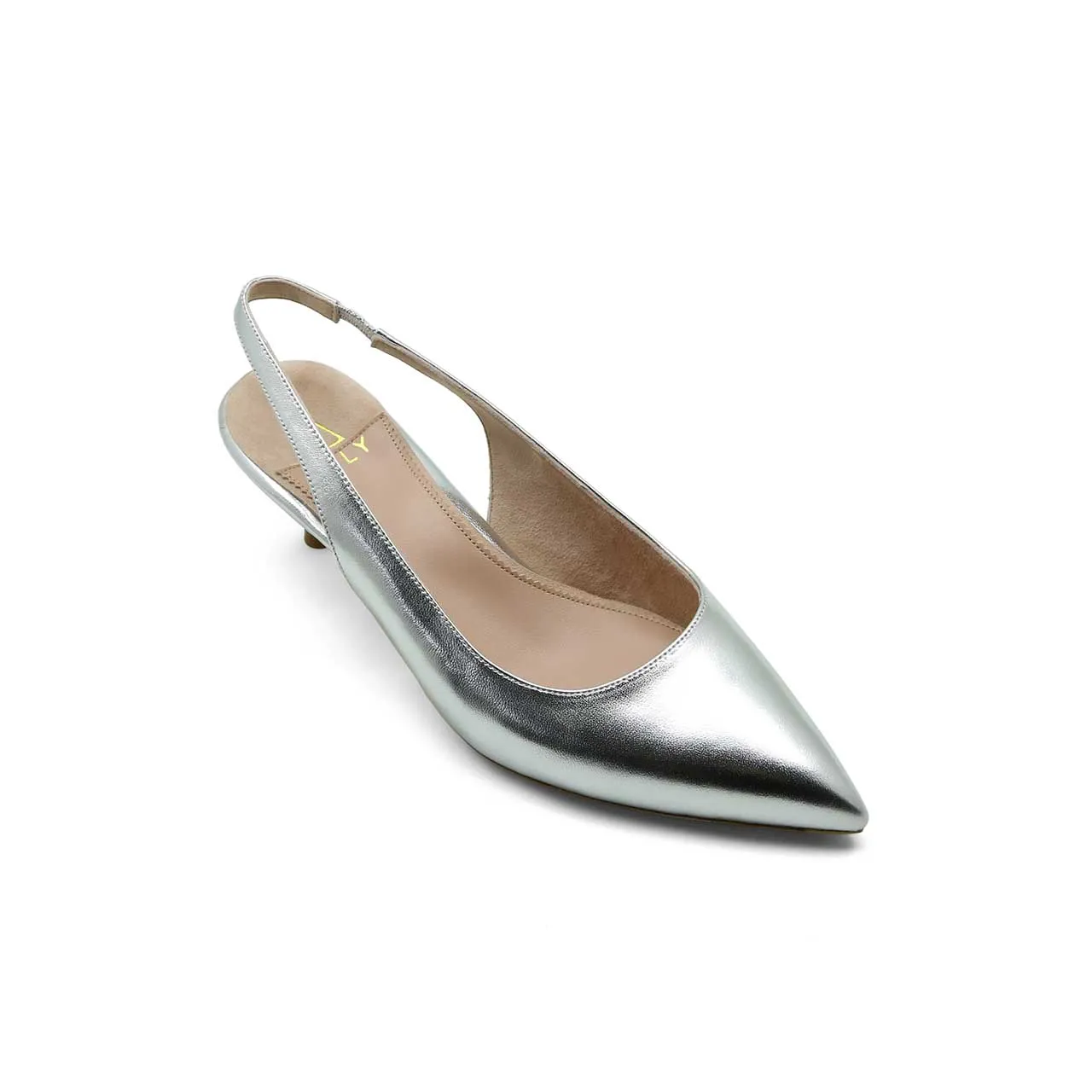 Silver Metallic Leather Slingback Kitten Heel