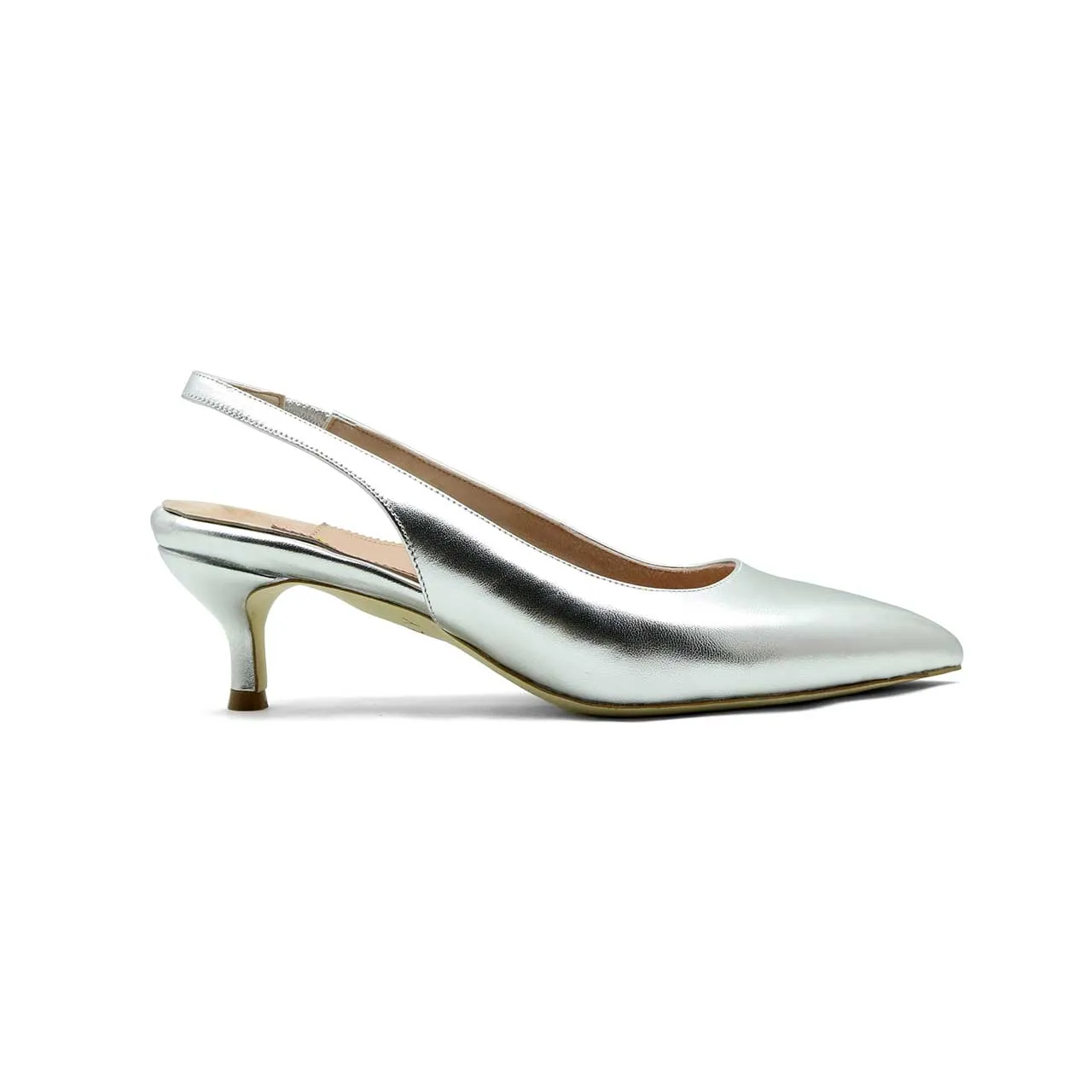 Silver Metallic Leather Slingback Kitten Heel