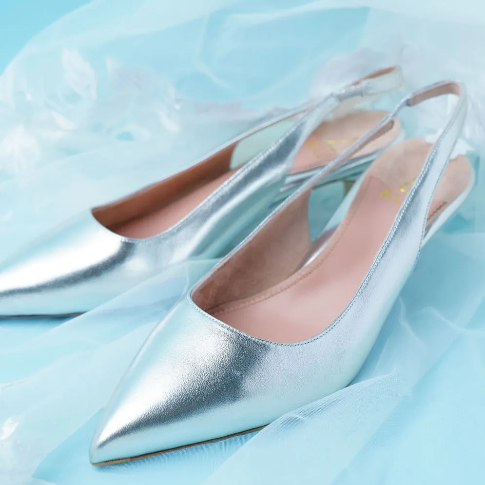 Silver Metallic Leather Slingback Kitten Heel