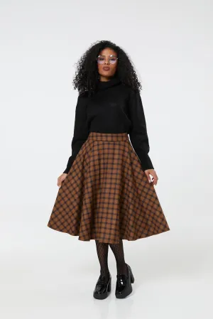 Sophie Camel Woollen Check Tartan Midi Swing Skirt