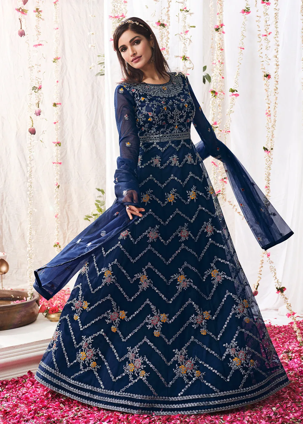 Space Blue Wedding Festive Floor Length Anarkali Suit