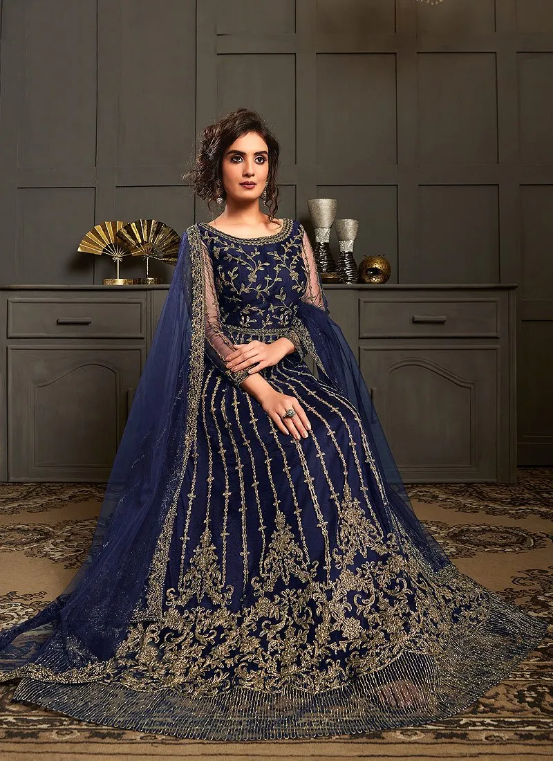 Splendid Blue Embroidered Net Designer Anarkali Gown