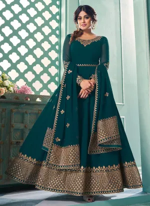 Staggering Green Shamita Shetty Georgette Abaya Style Anarkali Suit