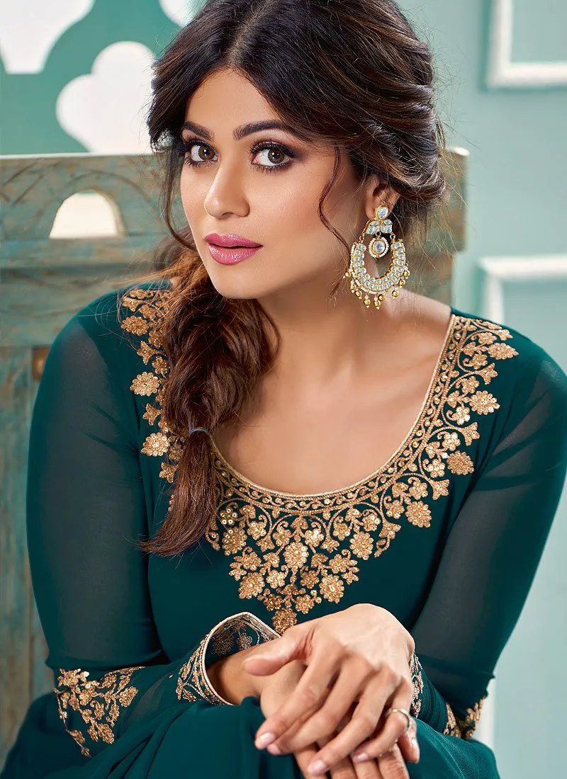 Staggering Green Shamita Shetty Georgette Abaya Style Anarkali Suit